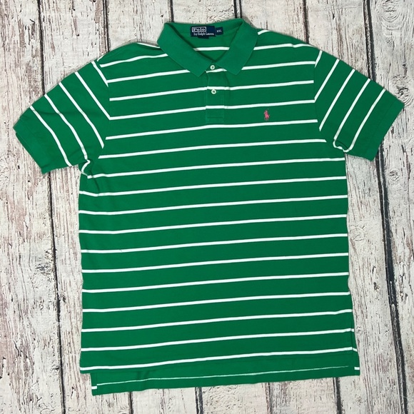 Ralph Lauren Green and White Striped Mens Preppy Golf Golfer Polo Shirt - Picture 1 of 6